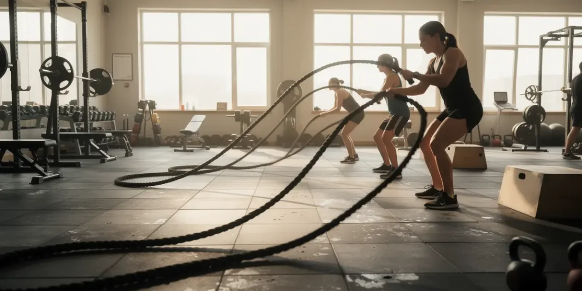 salle de sport personnes utilisant battle rope