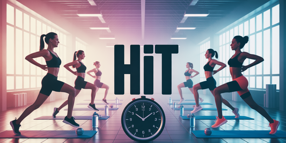 HIIT en salle silhouettes exercices timer tapis bouteille ambiance fitness