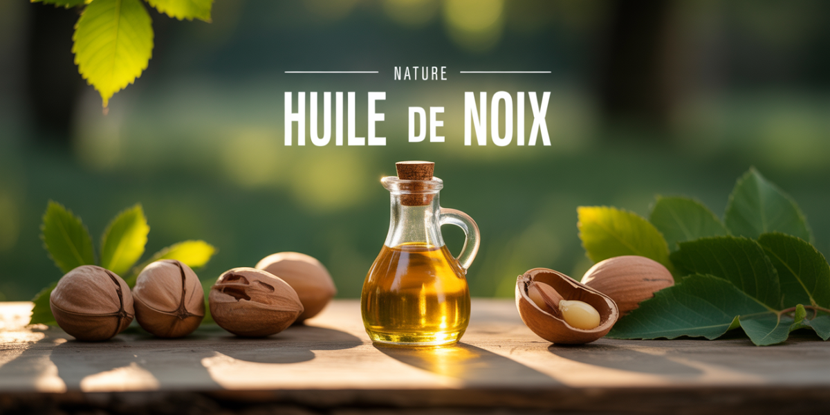 bouteille huile de noix artisanale sur table bois avec noix