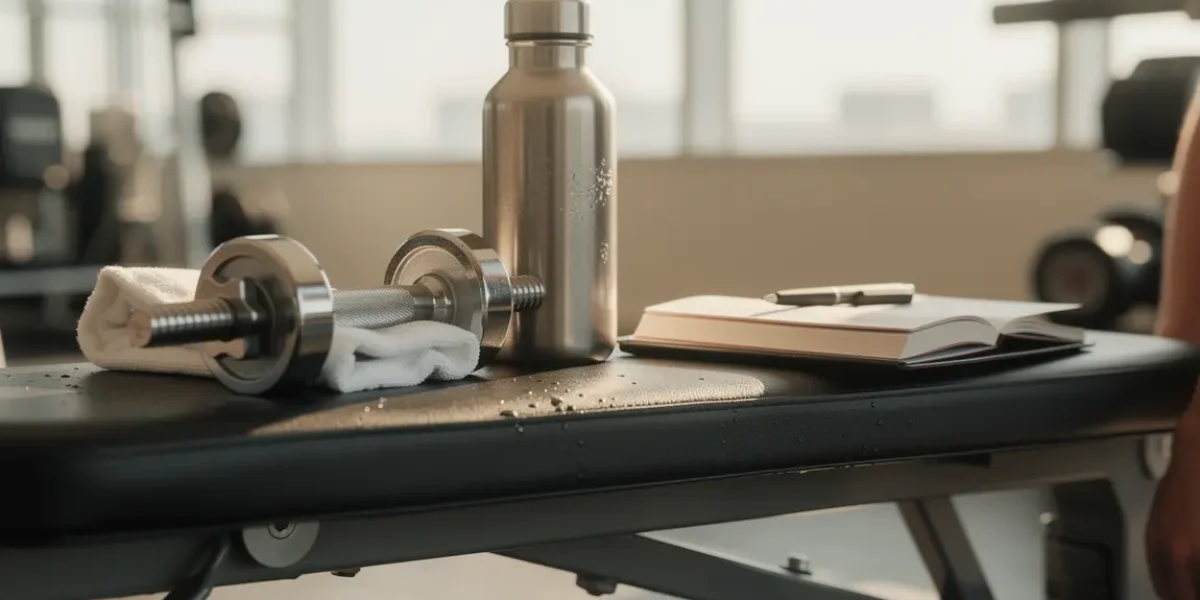 gourde eau carnet entrainement sur banc musculation