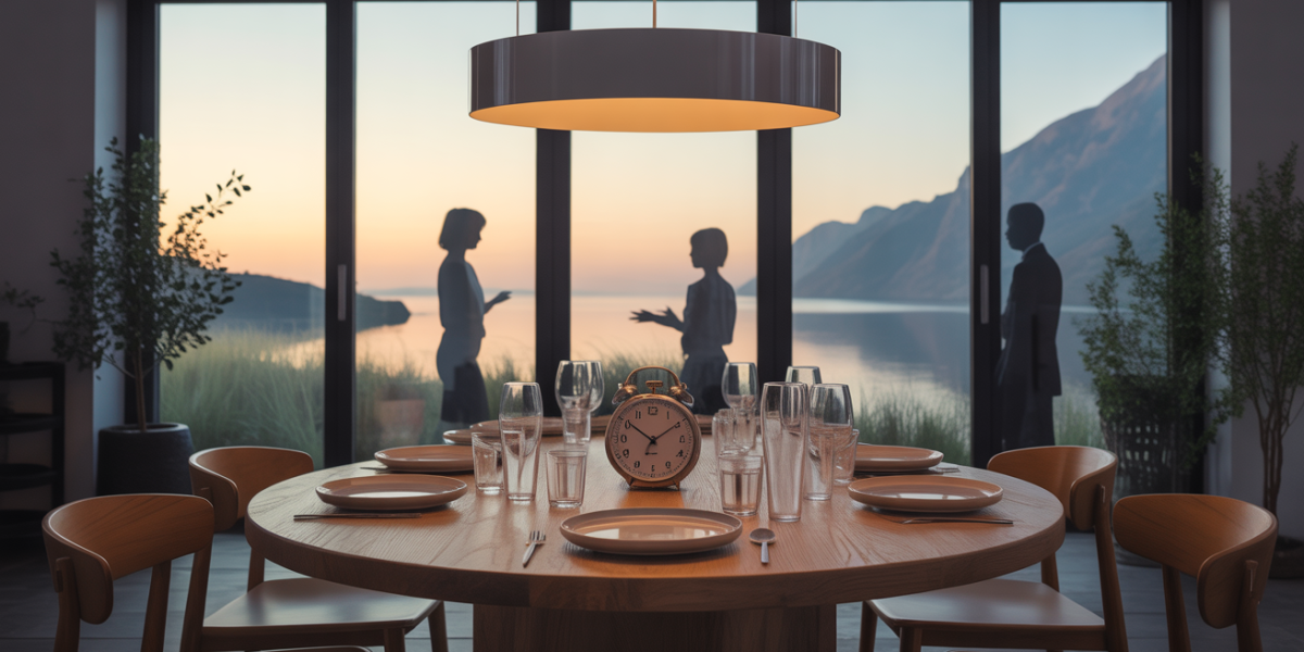 vue cuisine avec horloges et assiette vide jeune intermittent