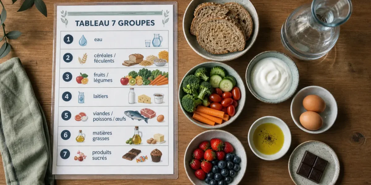 Les 7 groupes d aliments tableau : eau, céréales, fruits-légumes, laitiers, protéines, matières grasses, sucres