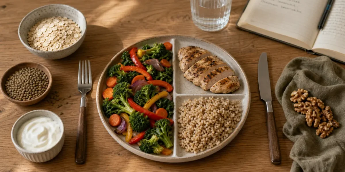 Maigrir du ventre alimentation : assiette équilibrée légumes protéines féculents