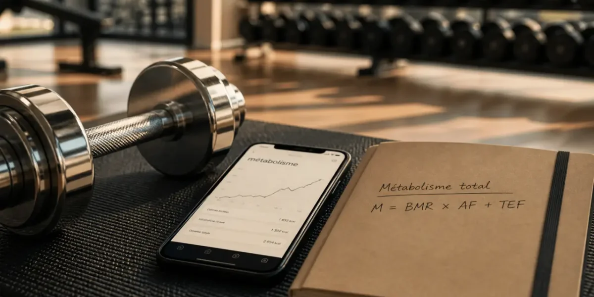 Métabolisme et musculation : brûler plus au repos, haltère et graphique