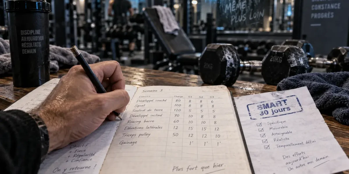 Motivation musculation : routine 30 jours notée au carnet en salle de sport
