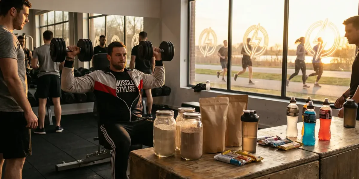 Muscle stylisé soulevant haltères avec boissons énergétiques et silhouettes athlétiques