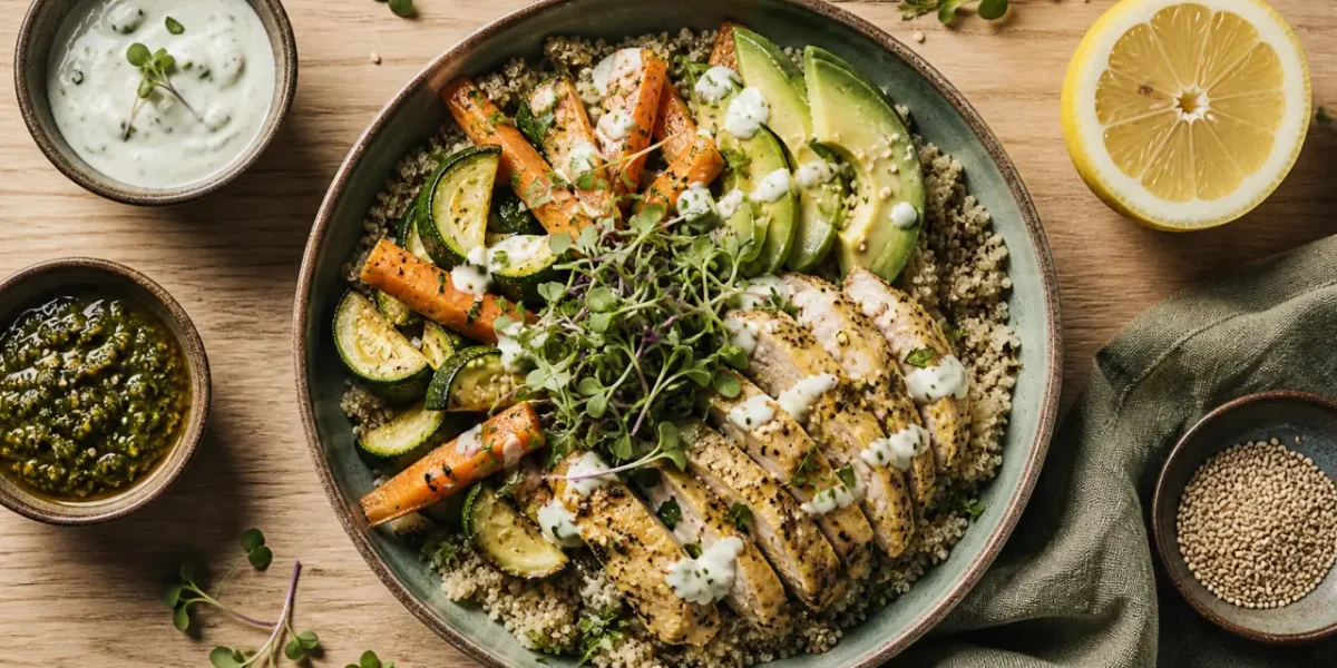 Nourriture healthy : bowl quinoa poulet citron légumes