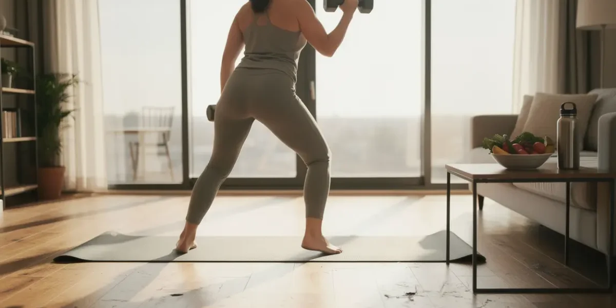 Perte de poids à la maison, sport sur tapis, haltère, légumes