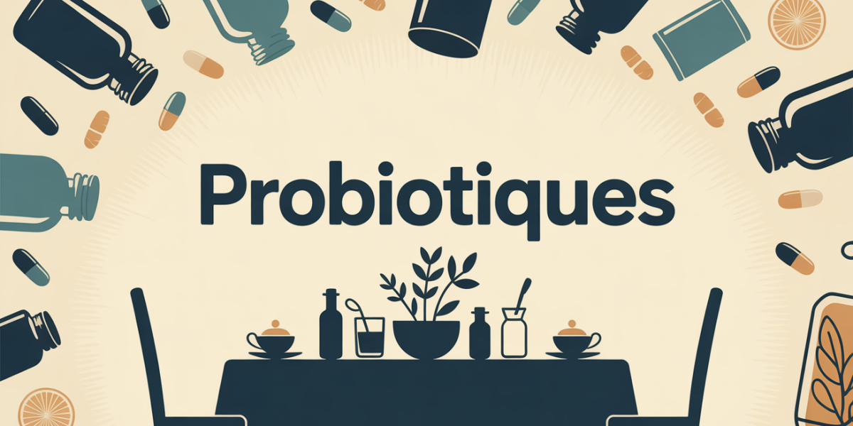 flacons et gélules probiotiques sur table du petit-déjeuner