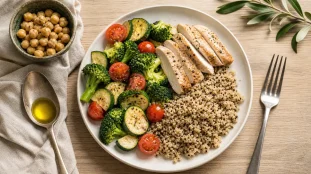 Quoi manger en regime : assiette protéines fibres, légumes et quinoa