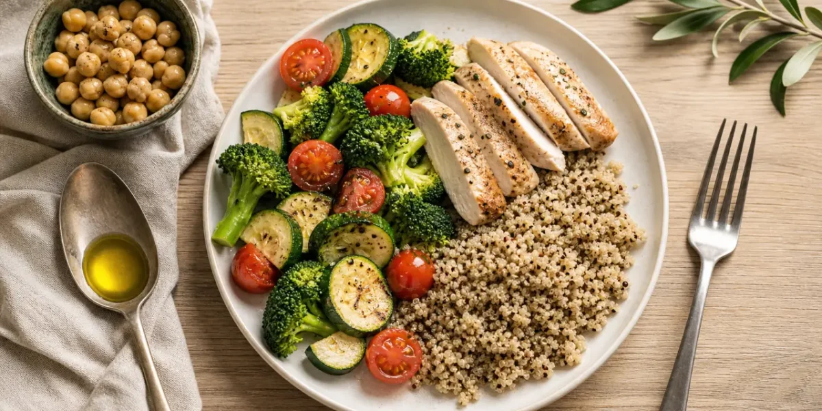 Quoi manger en regime : assiette protéines fibres, légumes et quinoa