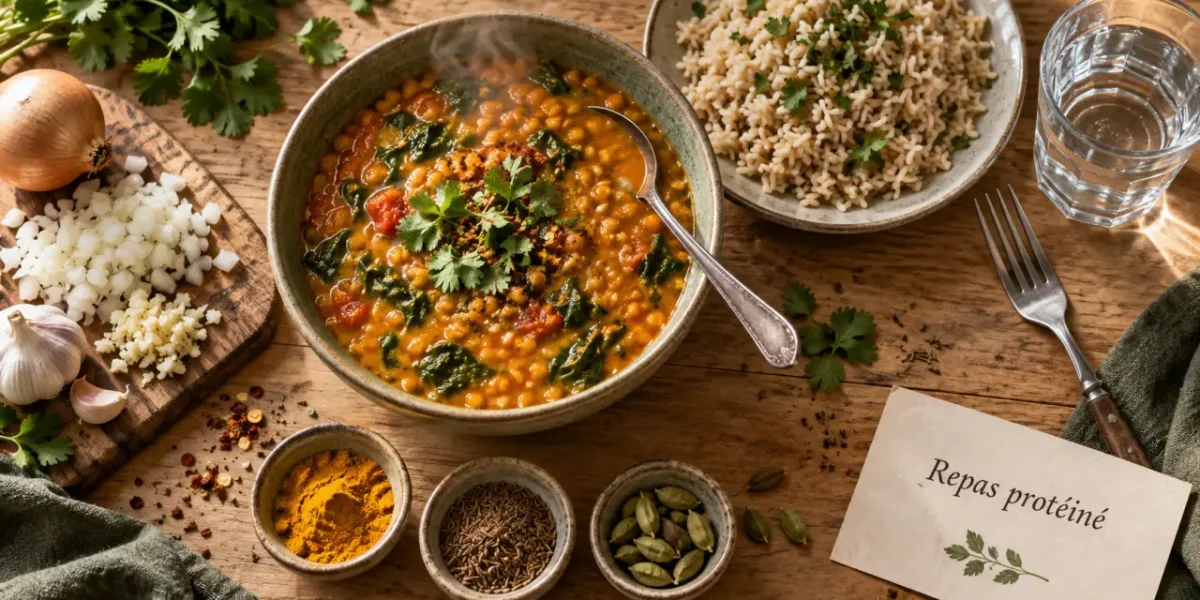 Repas riche en proteine : dhal de lentilles corail fumant