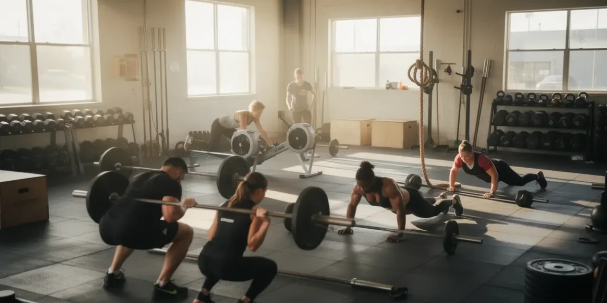 Salle de CrossFit débutant réalisant wod avec matériel