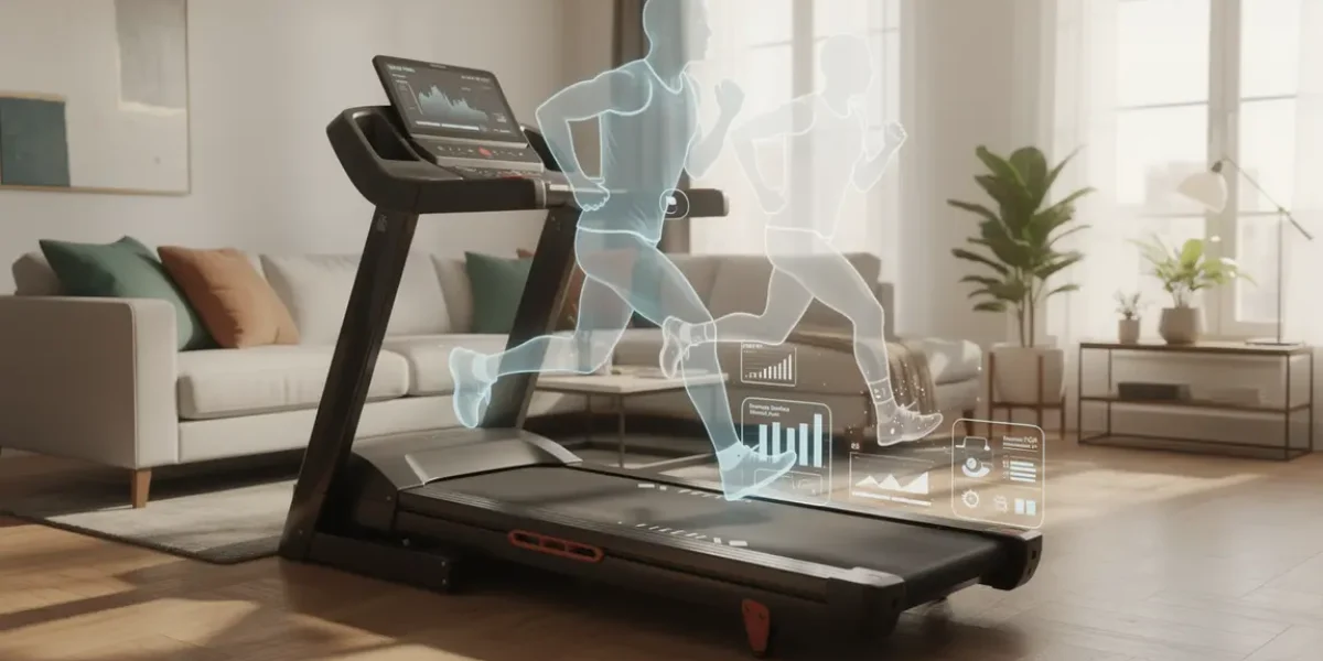 Tapis de course connecté en salon lumineux avec critères techniques