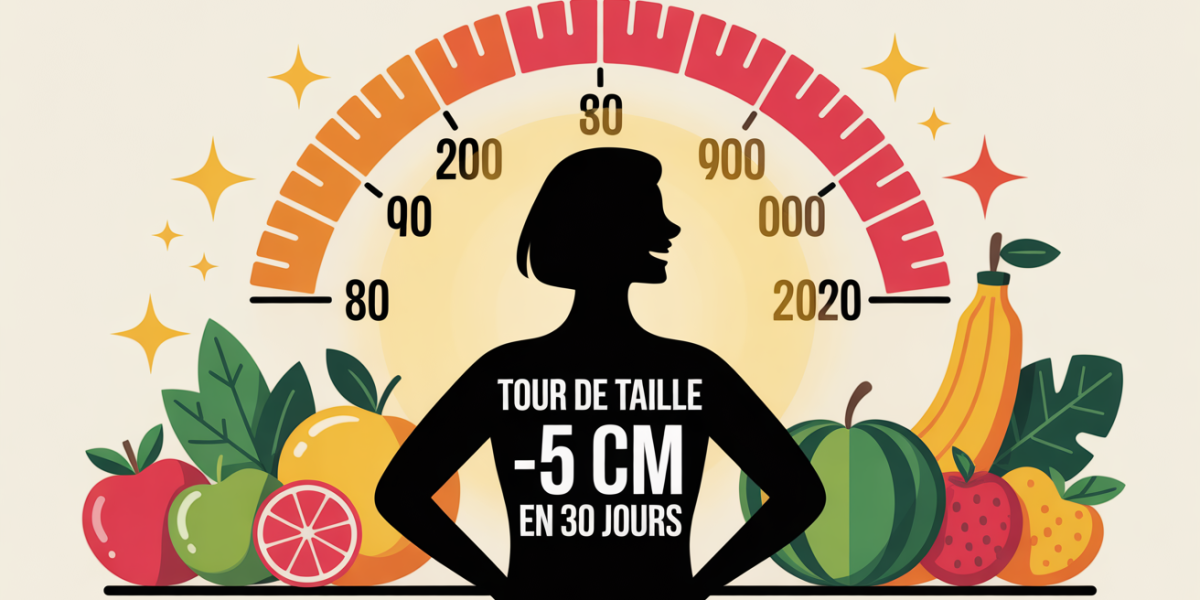 Silhouette devant metre-ruban et fruits, tour de taille 5 cm en 30 jours