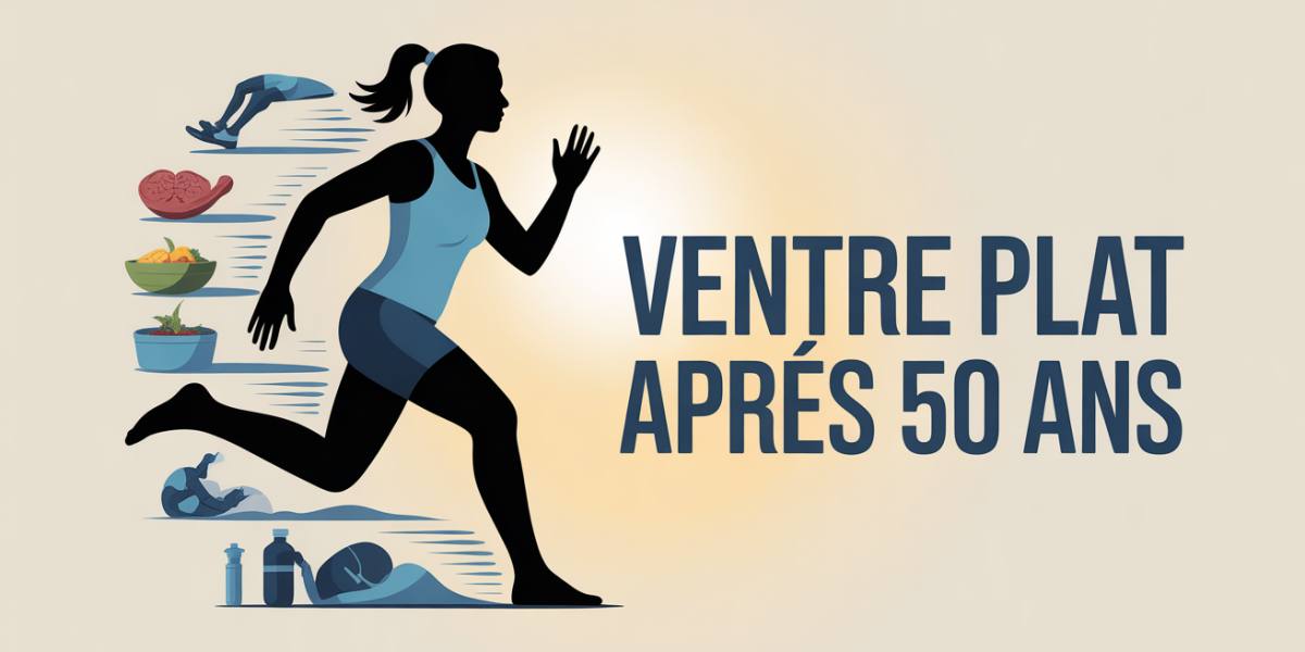 Femme mature active symbolisant ventre plat apres 50 ans, sport alimentation sommeil stress