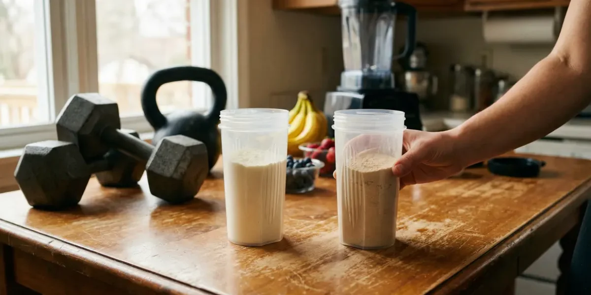 shakers whey et gainer sur table avec haltères
